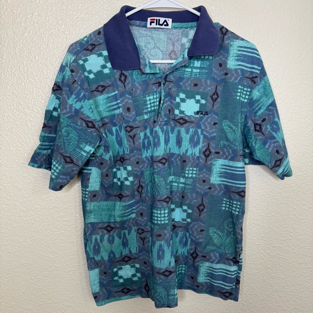 FILA 80s Teal and Blue Patterned Shirt
